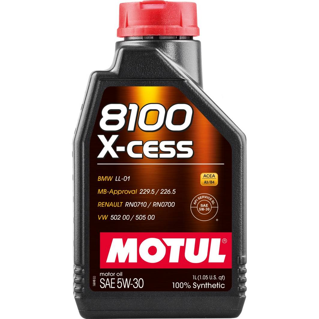 Motul 8100 X-CESS 5W-30 synthetic oil in 1 liter black bottle with red cap for engine protection