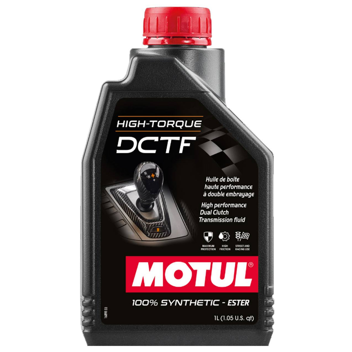 Motul High-Torque DCTF Transmission Fluid 1 liter black container with red cap for dual clutch transmissions